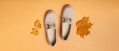 Suede womans shoes with autumn leaves on orange background top view flat lay. photo