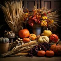 Fall seasonal composition with a harvest of pumpkins, corn and berries. Autumn still life photo