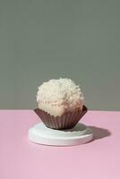 Coconut macaroon on a podium on pastel pink-green background photo