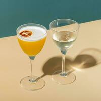 Alcoholic cocktail with foam in two glasses on a colored background with hard shadows. photo