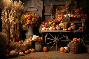 otoño estacional foto zona con un cosecha de calabazas, flores y de madera decoración