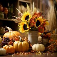 Autumn seasonal composition with a harvest of pumpkins, corn and sunflowers. Autumn still life. photo