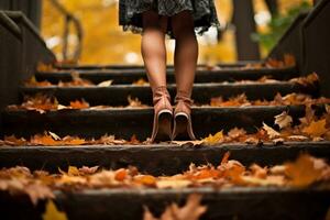 hermosa piernas de un joven niña en botas en el escalera con caído hojas. otoño concepto. ai generativo. foto