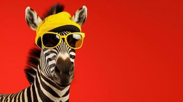 A zebra in yellow glasses and a cap on red background. AI Generative. Copy space. photo