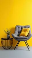 Elegant modern grey textile armchair and table on yellow wall background. AI generative photo