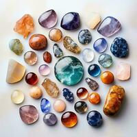 Top view of many different gems. Precious stones for jewelry, spiritual practices, meditations and relaxation. AI Generation photo