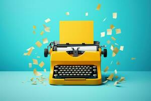 Yellow typewriter with flying papers on a blue background. Inspiration for writing concept. AI Generated. photo