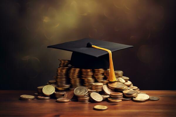 Graduated cap with coins on dark background. Saving for education, grant concept. AI generative