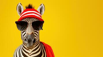 A zebra in sunglasses and a cap on yellow background. Copy space. AI Generative photo