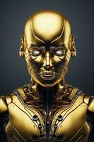 Golden robot portrait on dark background. Artificial intelligence concept. AI Generated. photo