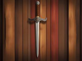 sword on brown wooden background. 3d illustration photo