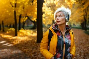 un bonito de edad mediana mujer camina mediante un otoño parque vistiendo auriculares foto