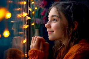 girl sitting by the window decorated with a glowing garland, Christmas atmosphere photo