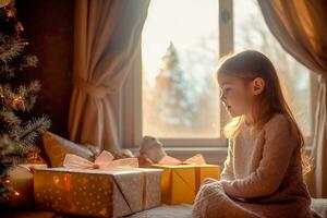 On a sunny Christmas morning, a little girl looks in admiration at the gifts near the Christmas tree. photo