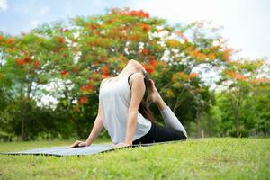 joven hembra con al aire libre ocupaciones en el ciudad parque, yoga es su elegido actividad. foto