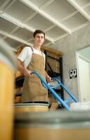 Worker in apron standing with trolley in the coffee beans warehouse photo