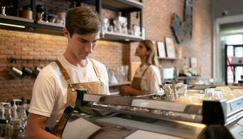 Barista working in cafe. Portrait of young male barista standing behind counter in coffee shop. photo
