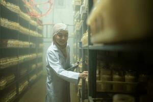 joven asiático musulmán hembra científico haciendo investigación a un seta fábrica, examinando seta levadura agente en un estéril y temperatura controlada habitación. foto
