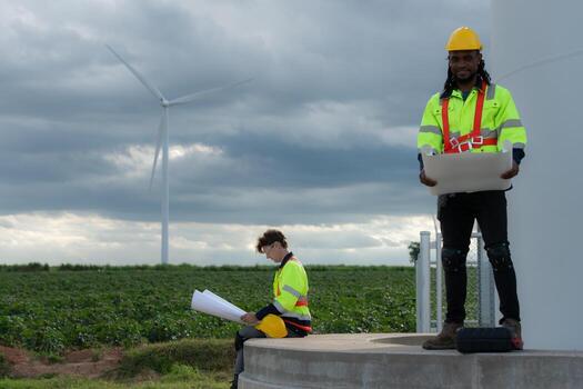 Engineers and technicians work together on the tower base of a large wind turbine with a wind turbine field in the background, The concept of natural energy from wind. photo