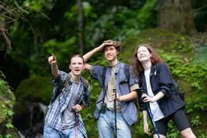 grupo de joven personas excursionismo en el bosque. viaje y aventuras concepto. foto