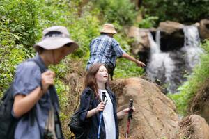 Group of friend on a sunny day in the forest Young group hiker with backpack and trekking poles photo