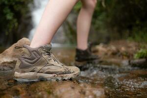 Hiking shoes on a log or rocks in the forest. photo