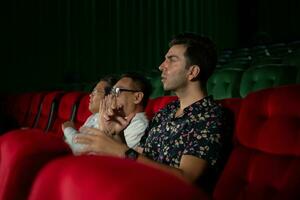 When watching scary ghost movies in theaters, moviegoers appear terrified. photo