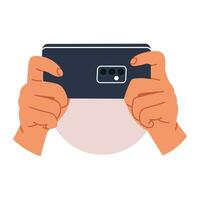 hands holding phone. Scrolling smartphone, app mail, application photo. cellphone camera. Flat vector illustration