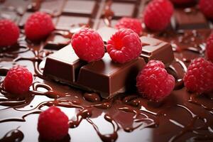 Chocolate background with raspberries. AI Generative. photo