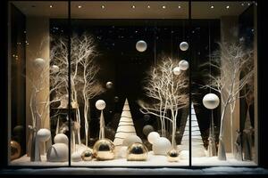 Shop Window with festive white Christmas decorations idea. AI Generative. photo