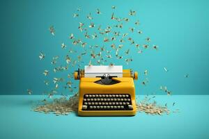 Yellow typewriter with flying papers on blue background. Inspiration for writing concept. AI Generated. photo