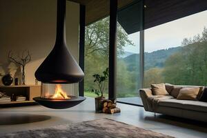 moderno interior de un vivo habitación con un colgando chimenea. ai generativo. foto