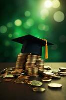 Graduated cap with coins on green background. Saving for education, grant concept. AI generative photo