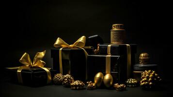 Black background with golden gifts and boxes photo