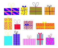 set with bright gfts, presents, boxes with patterns. Isolated clipart vector