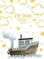 baby shower card with sea tranport, nautical illustration. Ocean design. Water adventure vector