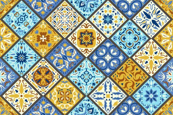 Set of patterned azulejo floor tiles background. Seamless colorful pattern