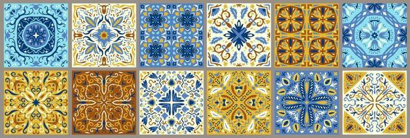 Set of patterned azulejo floor tiles. Collection of ceramic tiles vector