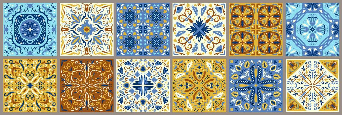 Set of patterned azulejo floor tiles. Collection of ceramic tiles