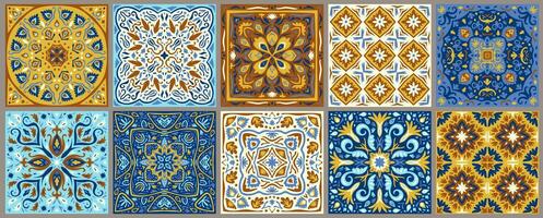 Set of patterned azulejo floor tiles. Collection of ceramic tiles vector