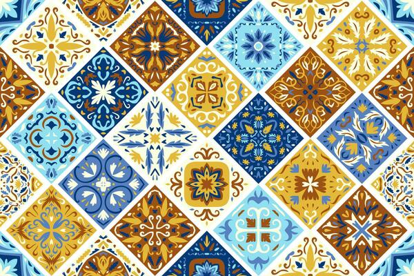 Set of patterned azulejo floor tiles background. Seamless colorful pattern