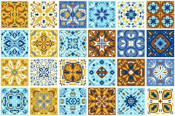 Set of patterned azulejo floor tiles background. Seamless colorful pattern