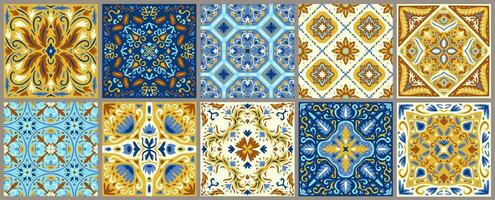 Set of patterned azulejo floor tiles. Collection of ceramic tiles vector