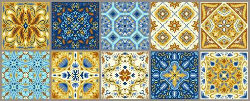 Set of patterned azulejo floor tiles. Collection of ceramic tiles vector