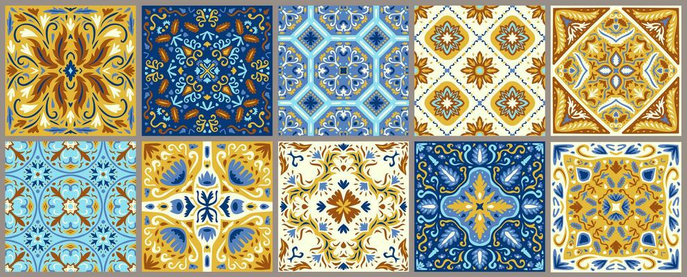 Set of patterned azulejo floor tiles. Collection of ceramic tiles