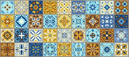 Set of patterned azulejo floor tiles. Collection of ceramic tiles vector