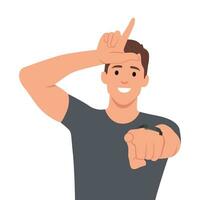 Young man proud expression pointing front. vector