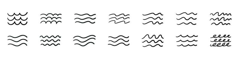 Sea wave pattern with simple water lines and brush strokes. icons of ocean waves, rivers, and beach elements. Flat vector illustration isolated on white background.