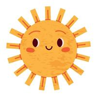 Sun character in cute style, face with a sticker. Sunshine with a smile for kids, doodled in a happy and fun way. Flat vector illustrations isolated in background.