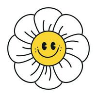 Groovy daisy flowers face collection. Retro chamomile smiles in cartoon style. Happy stickers set from 70s. Vector graphic illustration